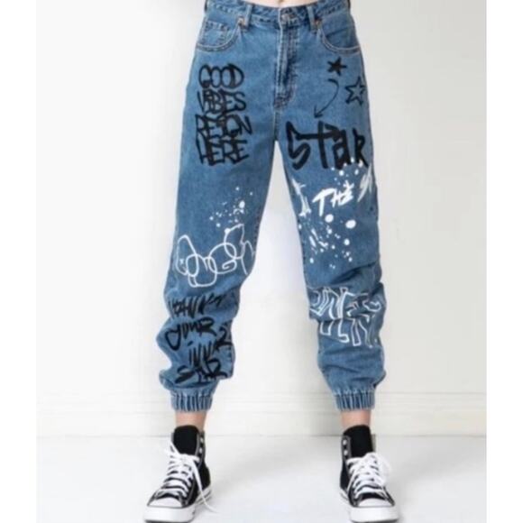 SONG Women’s 28 Blue Denim Graffiti Paint Splatter Zip Jogger Jeans - Picture 1 of 10